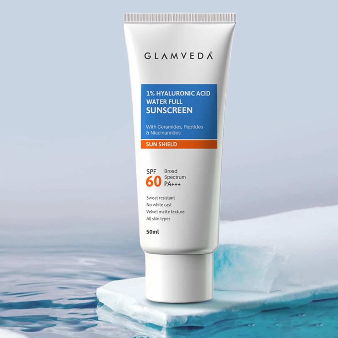 Glamveda Ultra-Light SPF 60 PA+++ Sunscreen 50 ml | Water-Full Hydration with 1% Hyaluronic Acid, Ceramides, Peptides & Niacinamide | Broad Spectrum | Anti-Aging, No White Cast, All Skin Types