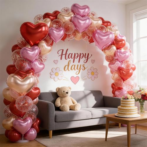Image of Pink Red Gold Heart Balloons Party Decorations, Heart Shaped Foil and Latex Balloon Decorations Set for Girls Women Anniversary, Valentines, Wedding, Engagement, Baby Shower, Birthday Party Supplies