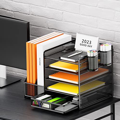 Restorgan Desk Organiser with File Holder, 5-Tier Paper Tray Organiser with Drawer and 2 Pen Holder, Mesh Desk File Storage with Magazine Organizer for Home Office Supplies (Black) - Cosy Home Interiors Restorgan Desk Organiser with File Holder, 5-Tier Paper Tray Organiser with Drawer and 2 Pen Holder, Mesh Desk File Storage with Magazine Organizer for Home Office Supplies (Black) - Image 5