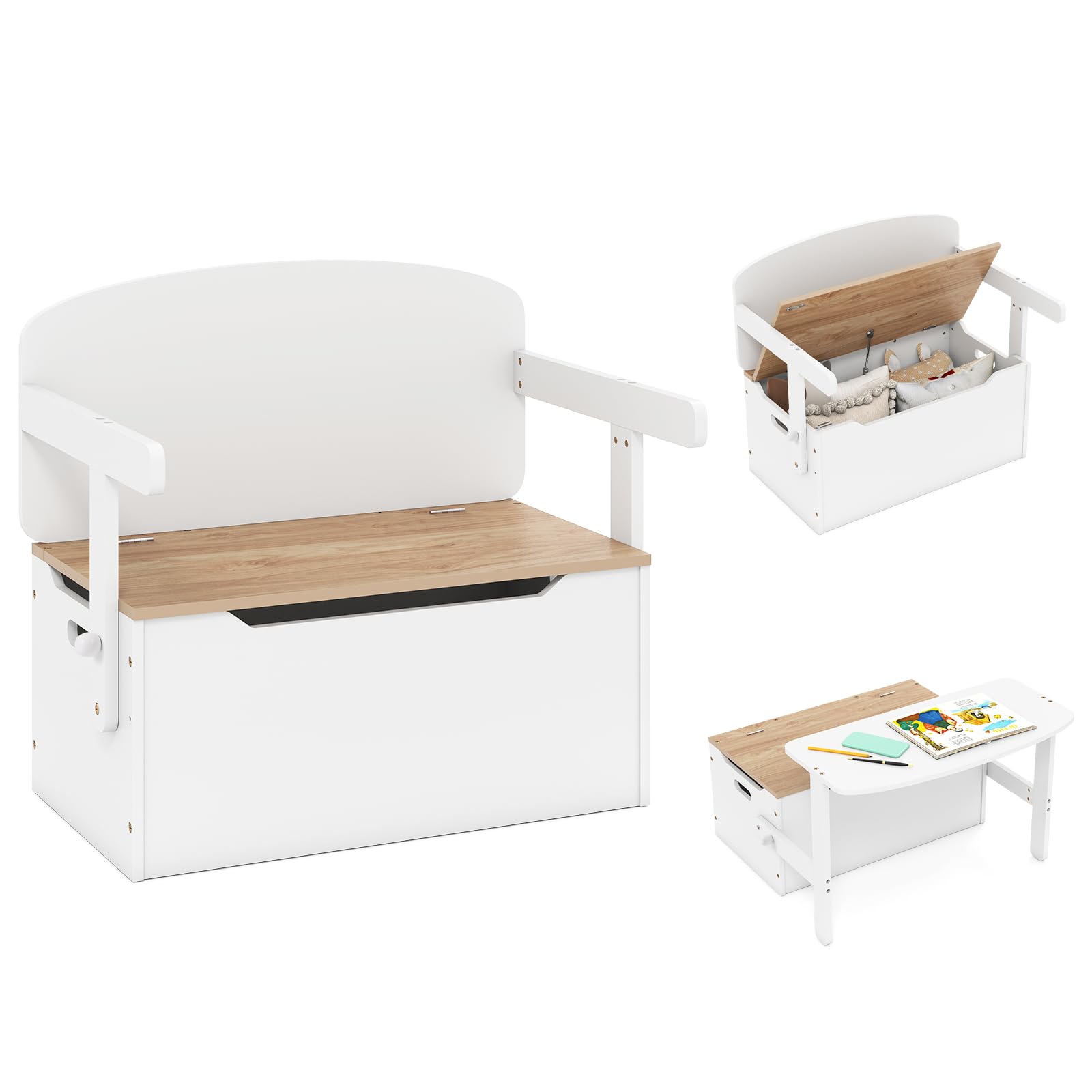 COSTWAY Wooden Toy Box, 3-in-1 Convertible Kids Bench/Desk Chair