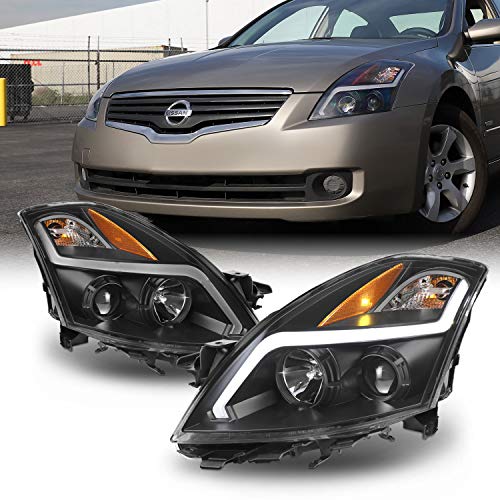 AKKON - For 2007 2008 2009 Nissan Altima 4-Door Sedan LED Strip Projector Headlight Black Housing Assembly Pair Lamps
