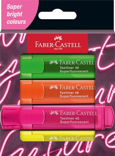 Faber-Castell 254600 - Surligneur Set 46, étui de 4 pièces, couleurs néon, avec pointe biseautée durable, largeur de trait 1 - 5 mm, rechargeable