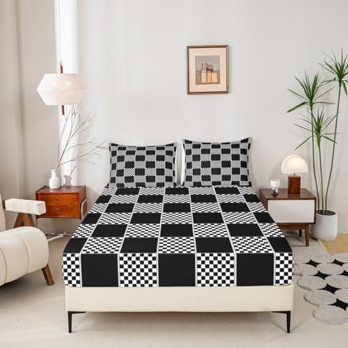 Image of Erosebridal Geometric Checkered Bedding Set Queen Black White Buffalo Plaid Bed Sheets Checkerboard Gingham Sheet Set Kids Boys Girls,Modern Fashion Grids Fitted Top Sheets 4 Piece