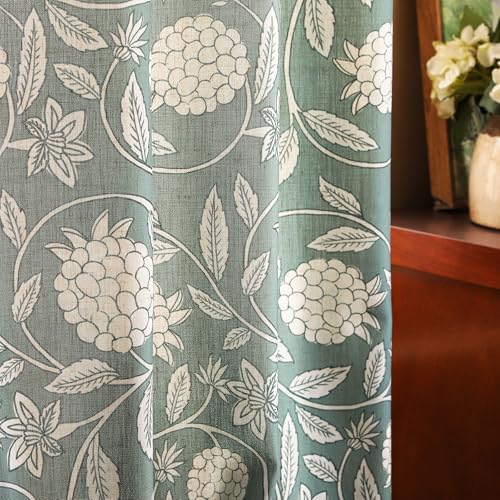 Image of ISAENNE Designer Vintage Linen Printed Curtains,2 Panels,87 inchx65 inch-Andrew | Vintage Elegant Green Curtain with Grommet 87 inch long,Floral Pattern Draps,kitchen Bedroom Living Room Window Blackout
