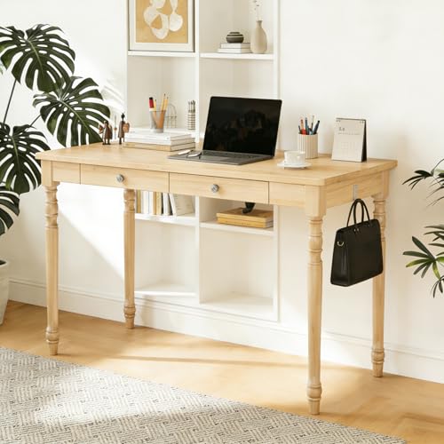 Image of 100% Solid Wooden Desk with Drawers - 47.2 inch Mid Century Modern Desk with 2 Hooks, Writing Desk with Drawers, Simple Work Study Table for Bedroom & Home Office - Natural Boho Desks
