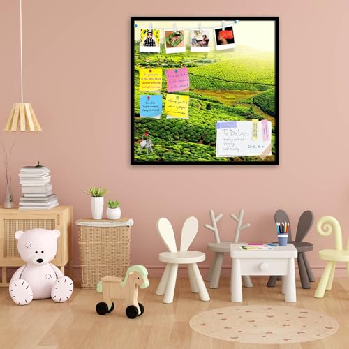 Image of ArtzFolio Tea Plantations, Munnar, Kerala | Bulletin Board Notice Pin Board | Vision Soft Board Combo with Thumb Push Pins & Sticky Notes | Black Frame | 20 x 20 inch (51 x 51 cms)