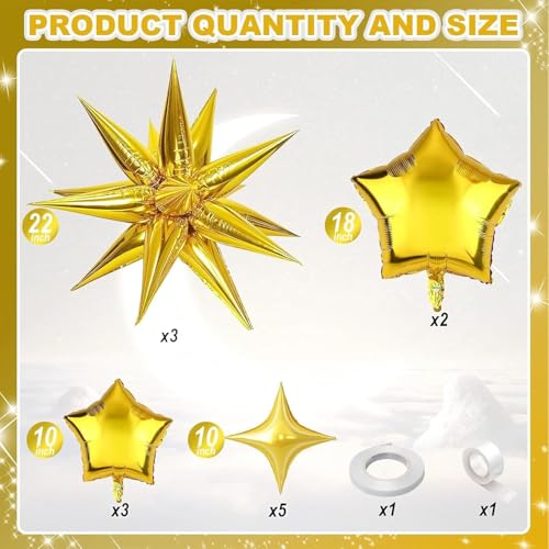 Image of 13 pcs 22Inch Star Ballons, 4D Large Foil Balloons with Metallic Star for 70s Disco Dance Birthday Graduation New Year (Golden Stars Mix 13pcs)