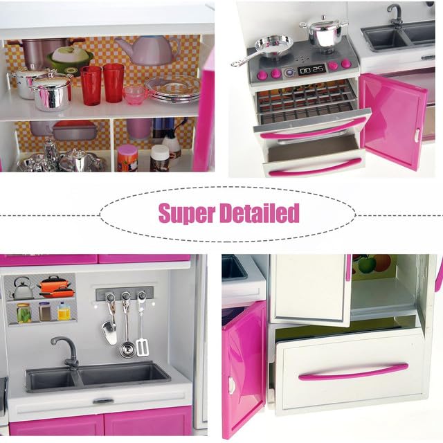 Doll Kitchen Playset for Kids, My Modern Mini Kitchen House Furniture Pretend Play Toy Accessories Set with Realistic Lights & Sounds for Toddlers, Girls (3-in-1)