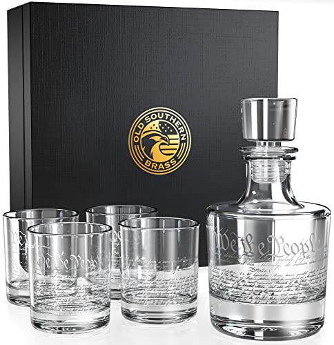Old Southern Brass Constitution of the United States Patriotic Decanter Whiskey Glass Gift Set - 5 Piece Set - Premium Gift Box