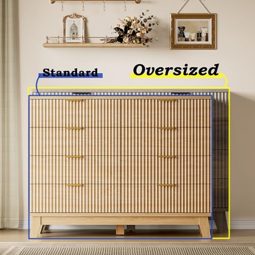 Image of BORNOON 53 inch Wide Dresser for Bedroom, 8-Drawer Fluted Chest of Drawers, Modern Wood Highboy with Metal Slides and Handles, Anti-Tip Kit, Vertical Clothes Storage Organizer for Apartment, Closet