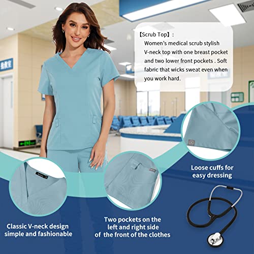 niaahinn Scrub Set Classic V-neck Top & Jogger Pant Multi-Pocket Medical Uniform for Women (Light Blue,M,Medium)