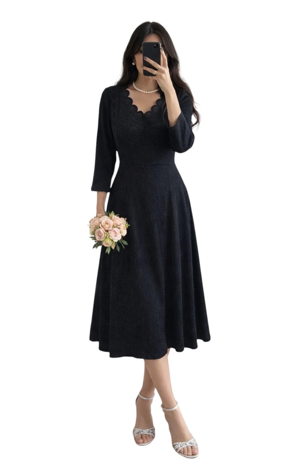 iuga Women’s A-Line Dress with Scalloped Neckline 3/4 Sleeve Midi Dress Office-picture-47