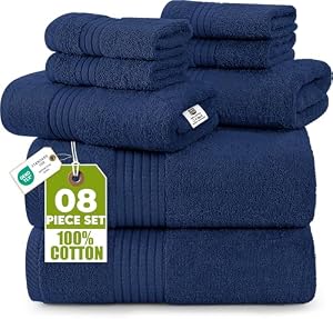 Utopia Handdoeken, 8-delige premium handdoekenset, 2 badhanddoeken, 2 handdoeken en 4 washandjes, 100% ringgesponnen katoen, zeer absorberend, voor badkamer, sporten en hotel (donkerblauw)