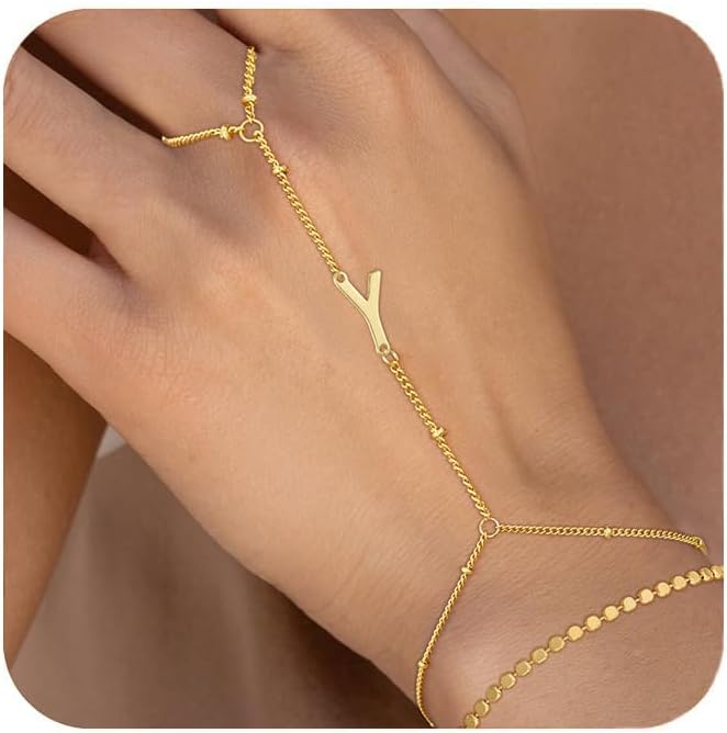 Ascona Valentines Day Gifts for Her Initial Hand Chain Bracelet for Women-14K Gold Plated Ring Bracelet Hand Chain for Women Trendy,Dainty Letter A-Z Link Charm Stack Bracelets Set Jewelry Gifts