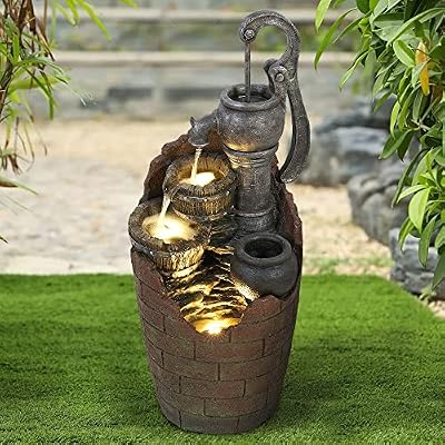 Naturefalls 32.6''H 3-Tier Retro Barrel Outdoor Waterfall Fountain Decor with LED Light,Resin Outdoor Water Feature with Decorative for Garden, Floor Patio, Deck, Porch, Backyard and Home Art Decor