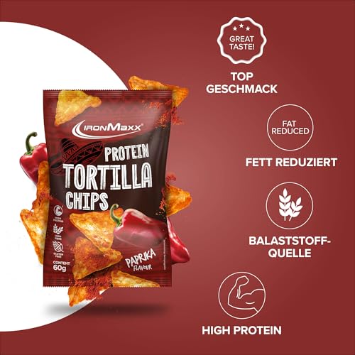 IronMaxx Protein Tortilla Chips – Paprika 60g | Knusprige Eiweißchips aus Soja & Maniok | High Protein Snack | Low Carb, ballaststoffreich & glutenfrei | Ideal für Fitness & Diät