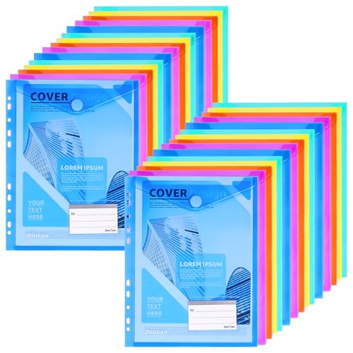 Donken Dokumentenmappe A4, 30 Stück Dokumententasche A4 Abheftbar, Mappen A4 mit 11 Lochrand Klettverschluss und Etikettentasche, Wasserdicht Sammelmappe für Dokumente Organisieren (5 Farben)