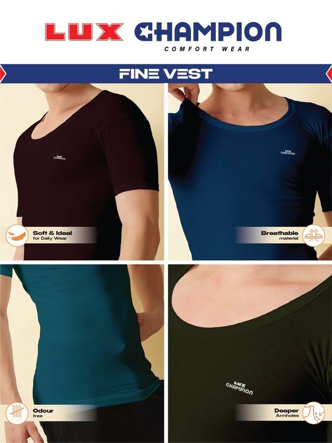 Image of Lux Champion Men's Cotton Vest RNS | 100% Super Combed Cotton | Round Neck, Half Sleeves, Breathable, Sweat-Absorbent Comfortable Lux Vest for Daily Use | Pack of 3