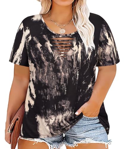 Image of CARCOS Plus Size Tops for Women Short Sleeve Shirts Basic Tee Solid Color Blouse V Neck Tunic Loose Fit Tshirts Summer XL-5XL