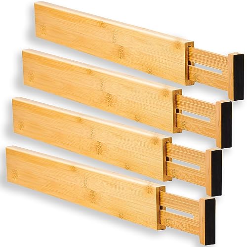 MASS DYNAMIC Bamboo Drawer Dividers - 4pcs Set. Adjustable & Spring Loaded for Kitchen, Bathroom, Baby, and Tools Drawers. Get Clutter-Free Today Dimension (44-56cm)