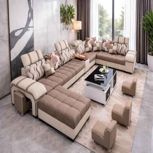 Image of Torque - Galster 12 Seater Sofa Set for Living Room (Left Side, Brown & Beige) | U Shape Sectional Sofa Set with Cup Holder & Storage with 4 Puffy | 1 Years Warranty