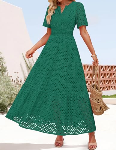 Image of ZESICA Women's 2026 Summer Short Sleeve Maxi Dress Casual V Neck Hollow Out Eyelet Ruffle Swing A Line Long Dresses