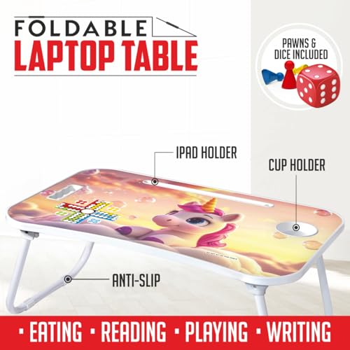 Image of Amazon Brand - Jam & Honey Foldable Laptop Table for Kids 4+ Years, Portable Study Bed Desk with Cup Holder, Tablet Stand & Ludo Game, Cute Unicorn Design, BIS Certified Child Safe