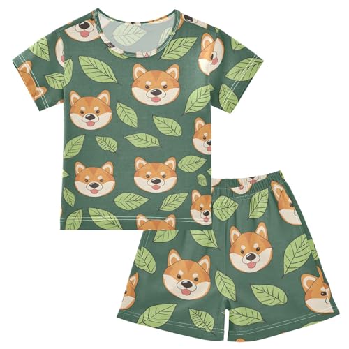 ALAZA Dog Leaves Green Pajamas Short Sleeve 2 Piece Sleepwear Top and Bottom Pajama Set Unisex