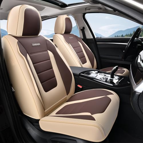 Image of Coverado Car Seat Covers Front, Seat Covers for Cars, Waterproof 2-Pack Car Seat Cushions, Leather Carseat Seat Protectors, Universal Seat Covers Fit for Most Sedans SUV Pick-up Trucks(Beige&Coffee)