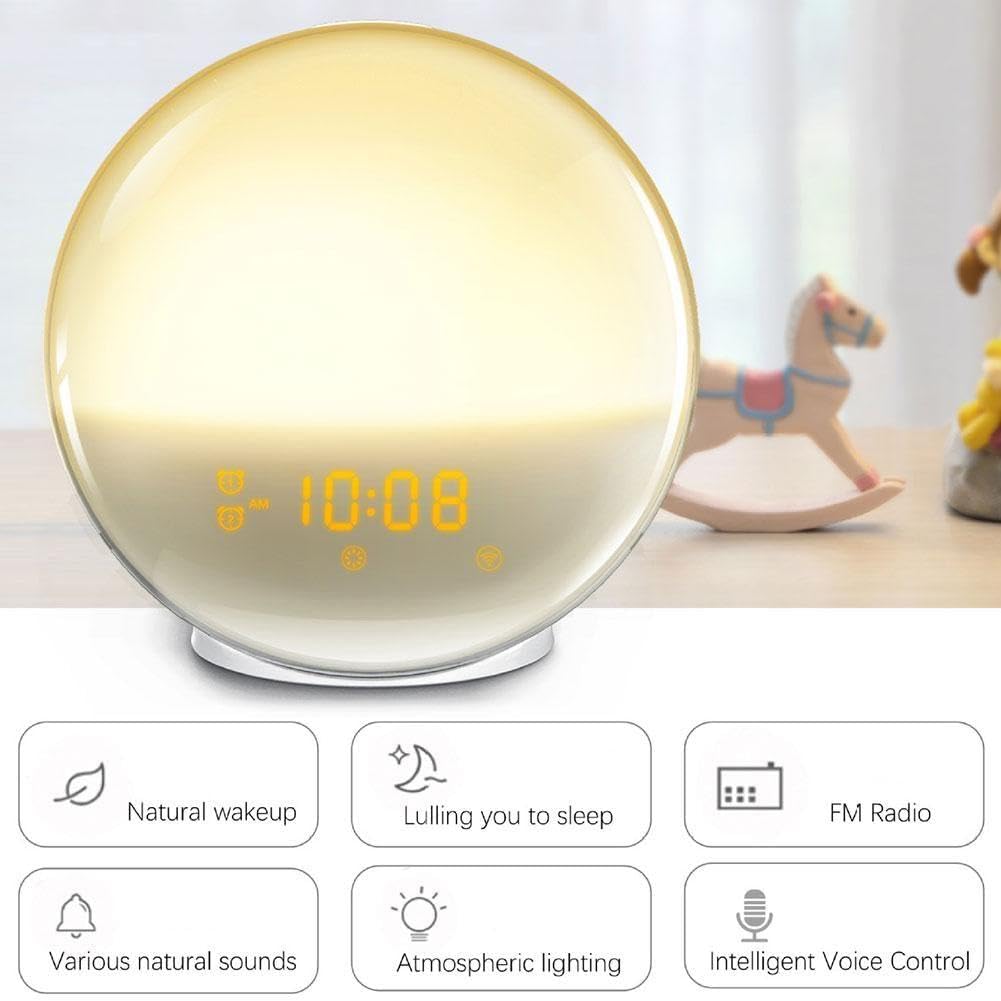 Reloj despertador de amanecer para niños con luz colorida y radio FM, luz de despertador con simulación de amanecer y atardecer