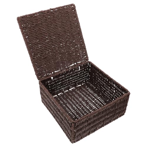 Mipcase Cesta de Almacenamiento Hogar y Oficina Tapa, Caja de Tejido Natural Color Café, Organizador Multiusos para Escritorio, Diseño Anti Polvo y Tamaño Práctico