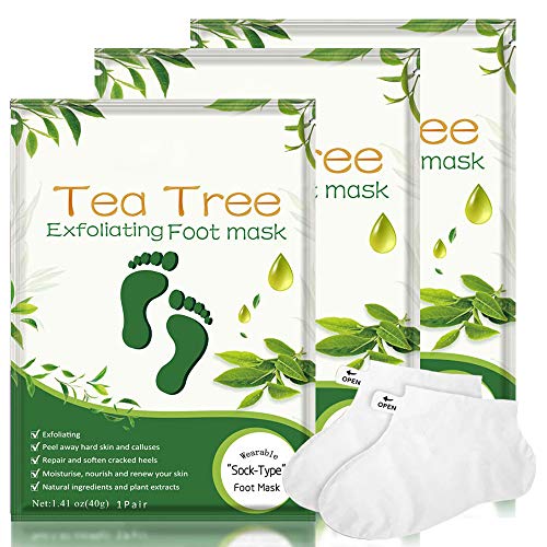 Foot Peel Mask for Dry Cracked Feet, 3 Pack Natural Exfoliator Foot Mask Remove Dead Skin & Peeling Away Calluses, Make Your Feet Baby Soft, Exfoliating, Repair Rough Heels, for Men & Women,Tea Tree