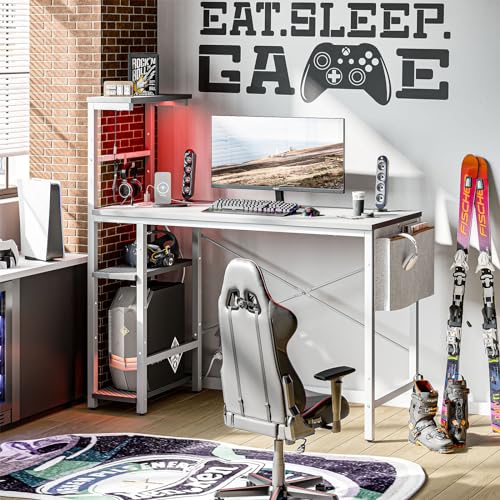 Bestier Gaming Desk with Power Outlets, 44 Inch Led Gamer Desk with 4 Tiers Reversible Shelves, PC Gaming Table with Headset Hook & Side Storage Bag for Bedroom (Grey 3D Carbon Fiber) 44 Inc