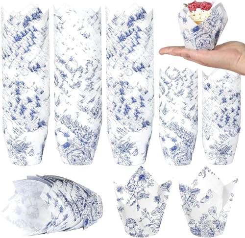 300 Pcs Blue and White Flower Tulip Cupcake Liners Paper Chinoiserie Cupcake Wrappers Baking Cups Blue Muffin Baking Cup Liners Holders for Baby Shower Wedding Birthday Party Supplies