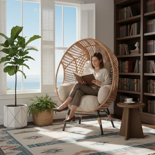 KEIKI Oversized Arc-Back Egg Chair with Stand, 400 lb Capacity Weatherproof PE Rattan Wicker...