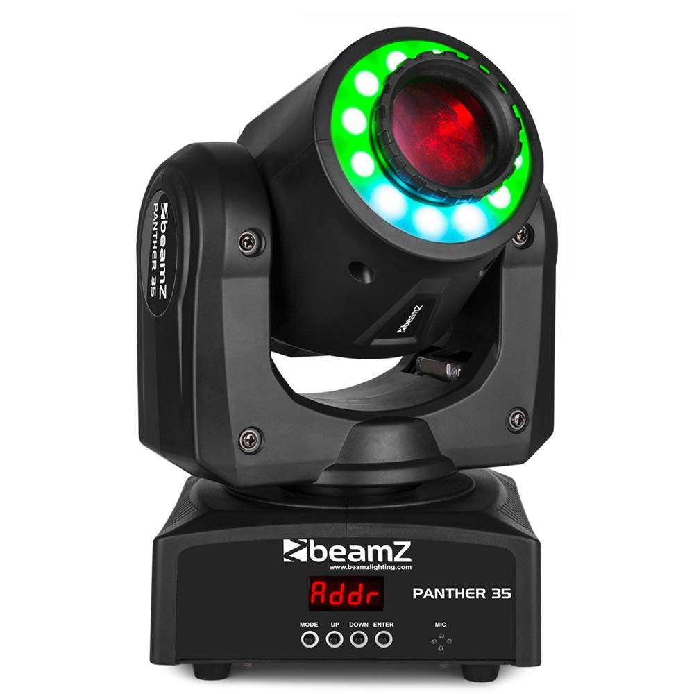 beamzPanther 35 LED Moving Head Spot DMX Moving Head Light with RGB Halo Ring, 7 Colour Wheel, 7 Gobos, Sound Activated DJ Stage Lighting for Clubs, Bars and Events