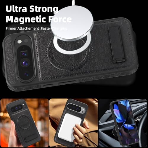 Image of Lunivop for Google Pixel 9 Pro XL Case Leather [Compatible with Magsafe Wireless Charging] Magnetic Cover Stand Funda para Google Pixel 9 Pro XL 6.8 '' 5G 2025 Rugged Best Phone Cases Black