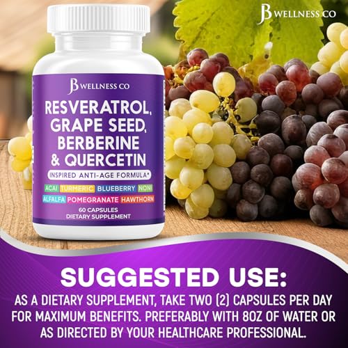jb wellness resveratrol grape seed extract berberine quercetin - polyphenol supplement for women and men with noni extract n-acetyl cysteine acai extract - 120 capsules