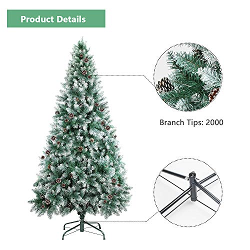 SHareconn 7.5ft Unlit Artificial Hinged Christmas Tree Snow Tree with Pine Cones, 2000 Branch Tips and Metal Stand
