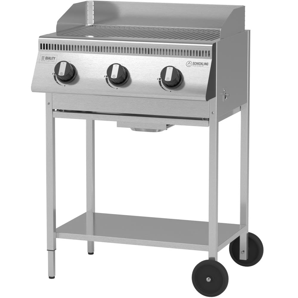 Schickling Gasgrill "Henry L - Basic" Premium BBQ Grillwagen komplett aus Edelstahl mit 3 Brennern – Made in Germany: 3-teiliger Grillrost, Fettschublade | Grillfläche: 55 x 33 cm