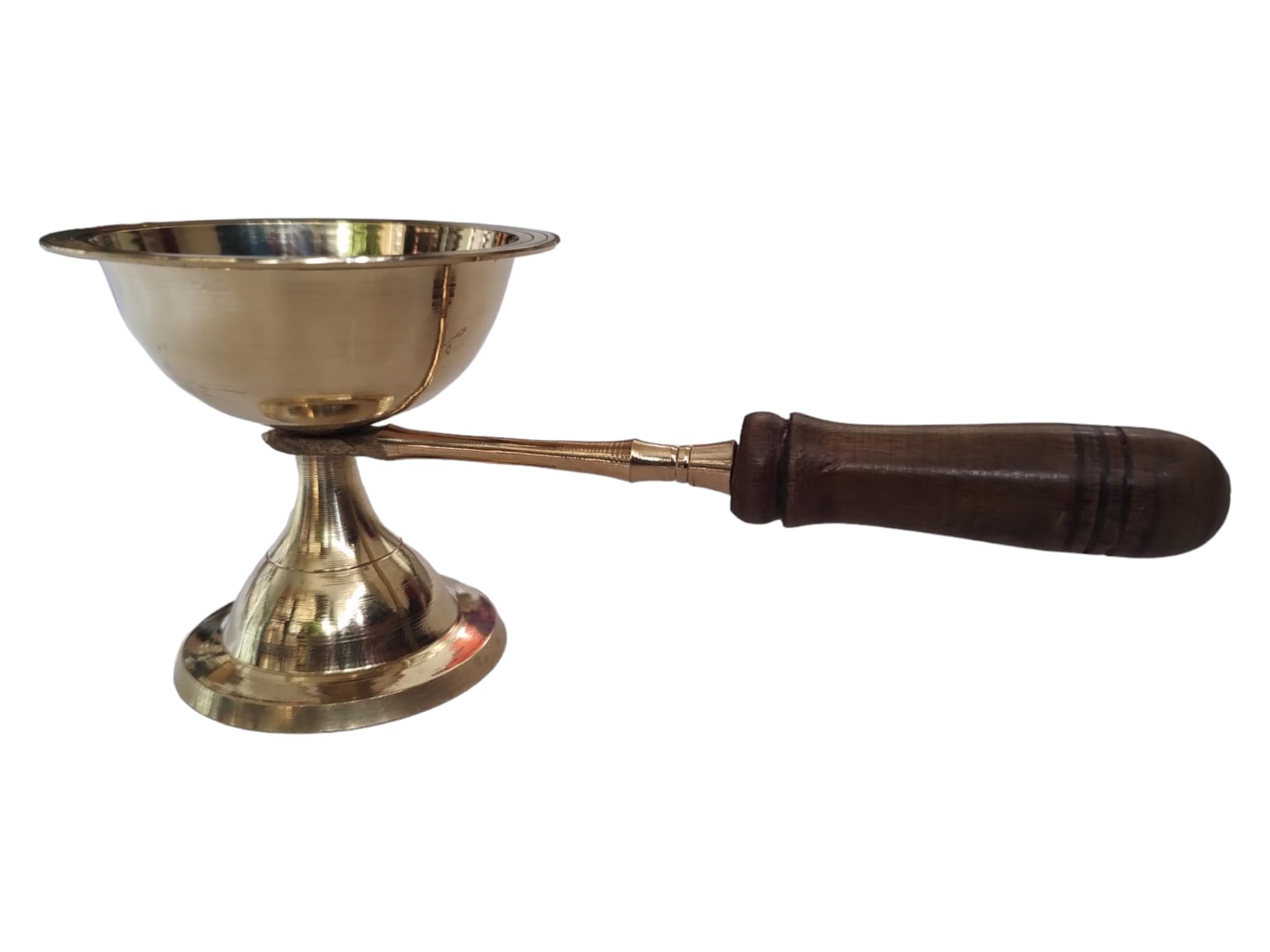 BHAVICREATION Brass Aarti Diya with Wooden Handle | Traditional Pital Arti Deepak Stand | Brass Camphor Dia Wooden Handle for Puja Room Decoration and Diwali Festival (8 inch, 130 gram)