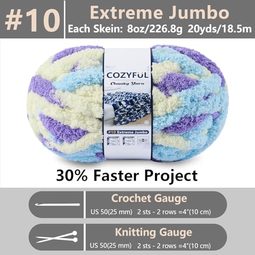 Image of Cozyful Chunky Yarn for Hand Knitting - #10 Chunky Chenille Blanket Yarn, Jumbo Big Thick Chunky Yarns for Crocheting, Tie Dye Bulky Knit Yarns, 8 Skein (20 yds 8 oz Each Skein), Purple&Yellow&Blue