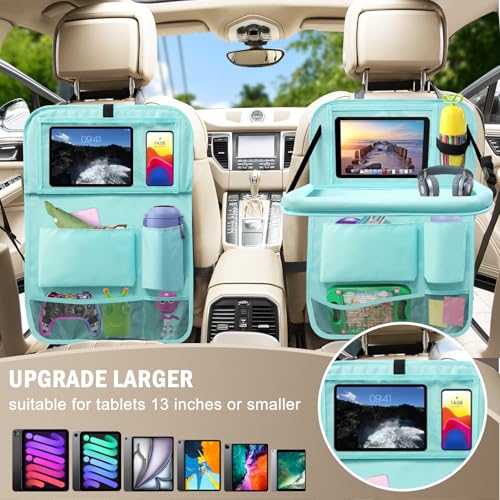 Image of 2Pack Car Backseat Organizer with Foldable Table Tray,6 Storage Pockets Car Storage Organizer with Tablet Holder,Car Seat Back Protectors Kick Mats Travel Accessories Blue