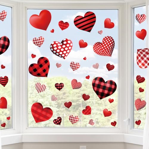 Valentines Day Decorations Window Clings, Resuable Red & Pink Heart Shaped Static Window Stickers for Valentines Day Decor - Valentine's Day Decorations for The Home, Bathroom Window
