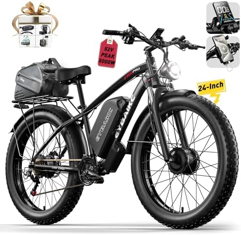 EYBAIKC Dual Motor Peak 5000W Electric Bike for Adults, 52V32Ah Battery 100Miles Range, 40-45MPH E-Bike, 24" x4.0 Fat Tire, Hydraulic Disc Brake, Electric Mountain/Hunting Bicycle, UL 2849