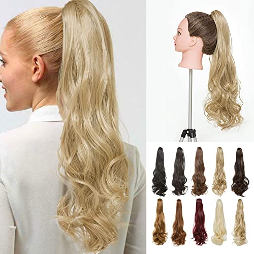 Ash Off Blond Claw Ponytail Extensions 22 Inch Long Wavy Clip in Claw Hair Extensions Jaw Clip Ponytail Hairpiece Synthetic Wavy Ponytail Extension Claw Clip for Women(Platinum Blonde) (Ash Off Blond)