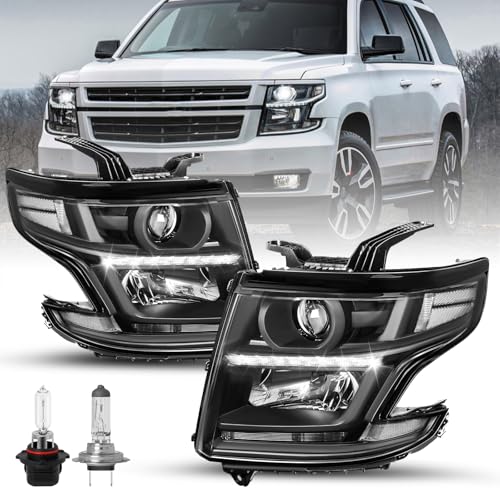 SOCKIR Headlight Assembly w/Bulbs Compatible with 2015-2020 Chevy Tahoe/Suburban Halogen Headlamp LED DRL Projector Black Housing with Clear Reflector