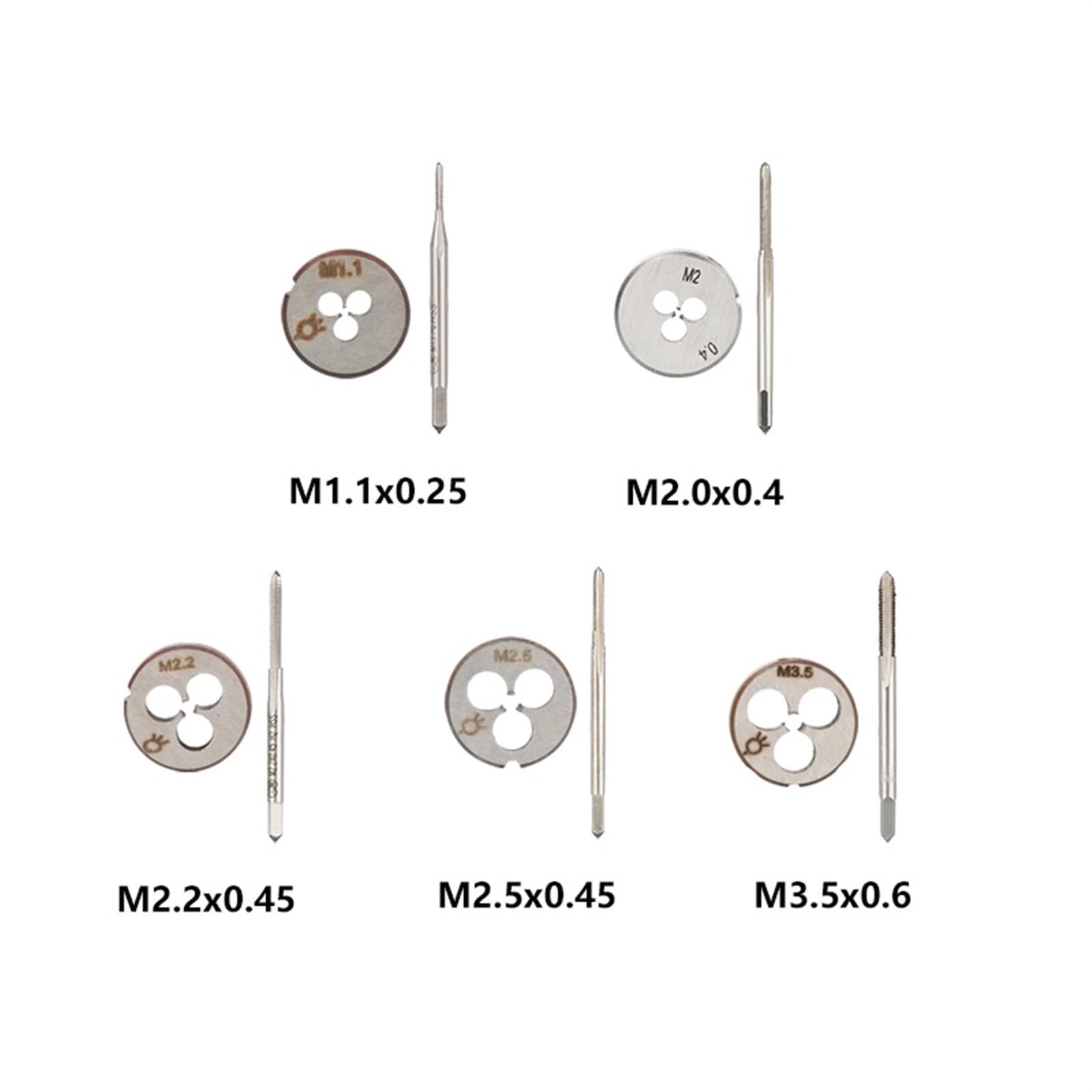Juego de 2 machos y terrajas métricos M1.1, M2, M2.2, M2.5 y M3.5 para roscar a máquina a derechas, miniherramientas de roscado (Juego M2.5 x 0.45)