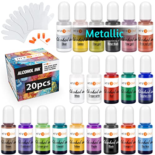 HTVRONT Alcohol Ink for Epoxy Resin - 20 Vivid Color Alcohol Inks Sets Including 6 Metallic Alcohol Ink, Concentrated Resin Ink 0.35oz/10ml, Transparent Alcohol Ink for Resin Art, Tumblers