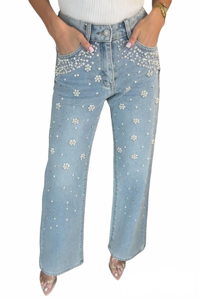 Womens Rhinestone Jeans Baggy Y2K High Waisted Straight Wide Leg Pearl Sparkly Denim Pants Bling Glitter Trousers